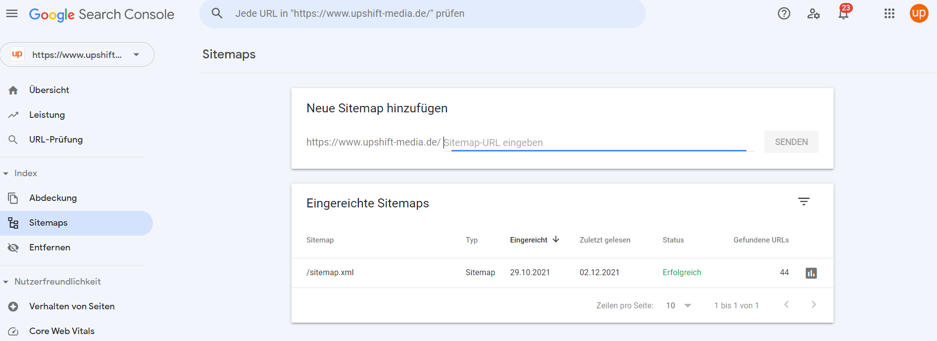 Screenshot: Google Search Console Sitemaps